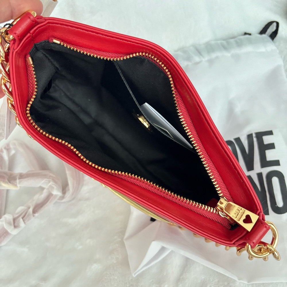 LOVE MOSCHINO Red with Gold Heart Zippered Vegan Leather Handbag/Crossbody--NWT - Picture 9 of 16